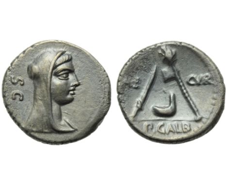 P. Sulpicius Galba, Denarius, Rome, 69 BC; AR (g 3,78; mm 18; h 5); Head of Vesta r., wearing veil; behind, S C, Rv. AE - CVR