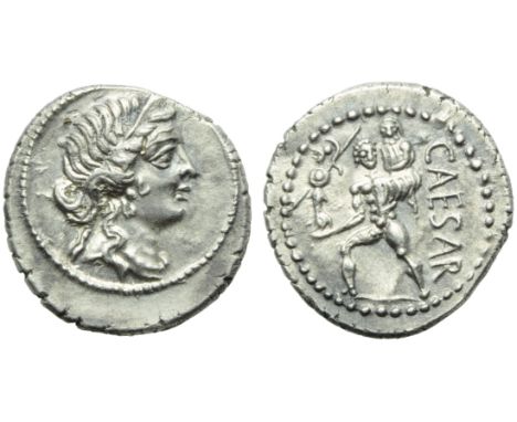 C. Julius Caesar, Denarius, Africa, 47-46 BC; AR (g 3,83; mm 19; h 6); Diademed head of Venus r., Rv. Aeneas advancing l., ca