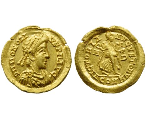 Honorius (393-423), Tremissis, Milan, AD 408-421 ; AV (g 1,25; mm 14; h 12); D N HONORI - VS P F AVG, diademed, draped and cu