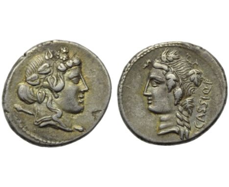 L. Cassius Q.f. Longinus, Denarius, Rome, 78 BC; AR (g 3,85; mm 18; h 2); Head of Liber r., wearing ivy wreath and with thyrs