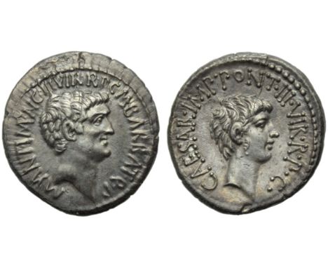 M. Antonius and C. Caesar Octavianus with M. Barbatius, Denarius, Mint moving with Antonius, 41 BC; AR (g 3,71; mm 20; h 12);