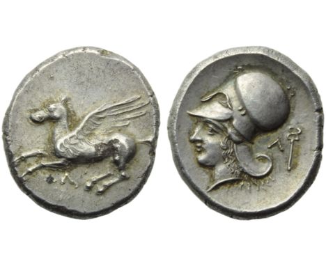 Akarnania, Leukas, Stater, c. 435-380 BC; AR (g 8,57; mm 20; h 6); Pegasos flying l.; below, ?, Rv. Head of Athena l., wearin