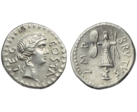 M. Junius Brutus and Pedanius Costa, Denarius, Mint movimg with Brutus, 43-42 BC; AR (g 3,95; mm 19; h 1); Laureate head of A