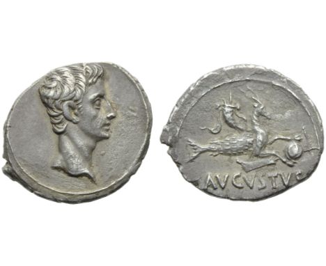 Augustus (27 BC - AD 14), Denarius, Spain: Colonia Patricia (?), 18-16 BC; AR (g 3,67; mm 21; h 6); Bare head r., Rv. AVGVSTV