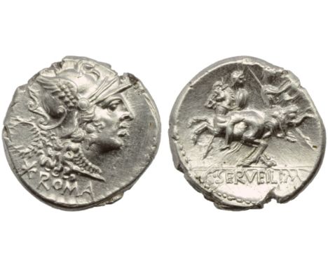 C. Servilius M.f., Denarius, Rome, 136 BC; AR (g 3,83; mm 18; h 6); Helmeted head of Roma r.; behind, wreath; below, * ROMA, 