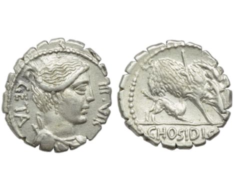 C. Hosidius C.f. Geta, Denarius serratus, Rome, 68 BC; AR (g 3,70; mm 19; h 8); Draped bust of Diana r., with bow and quiver 