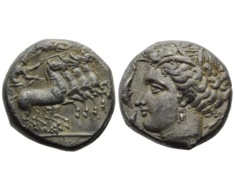 The Carthaginians in the Mediterranean, Lylibaion, Tetradrachm, c. 330-305 BC; AR (g 17,24; mm 21; h 10); Charioteer driving 