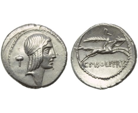 C. Calpurnius Piso L.f. Frugi, Denarius, Rome, 67 BC; AR (g 3,74; mm 19; h 6); Head of Apollo r., hair tied with band; behind