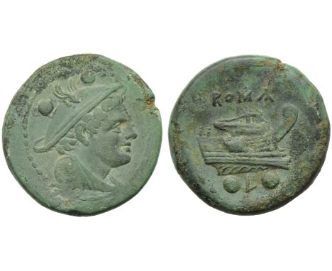 Anonymous (first L series), Sextans, Luceria, 214-212 BC; AE (g 15,53; mm 26; h 8); Draped bust of Mercury r., wearing winged