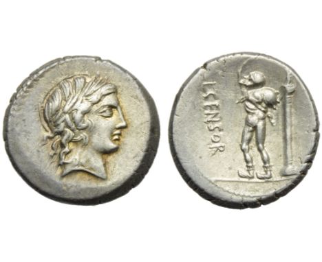 L. Marcius Censorinus, Denarius, Rome, 82 BC; AR (g 3,96; mm 17; h 9); Laureated head of Apollo r., Rv. Marsyas walking l., h