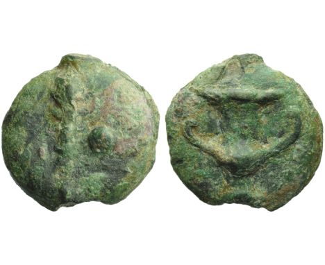Central Italy, Uncertain mint, Onkia, 3rd century BC; AE (g 21,05; mm 28; h 12); Club; on r., pellet, Rv. Cantharus. HNItaly 