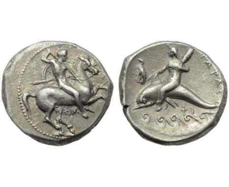 Apulia, Tarentum, Nomos, c. 332-302 BC; AR (g 7,81; mm 21; h 1); Horseman galloping r., holding shield and spears; below, ?IM