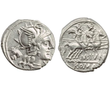 M. Junius Silanus, Denarius, Rome, 145 BC; AR (g 3,39; mm 18; h 3); Helmeted head of Roma r.; before, X; behind, ass’s head, 