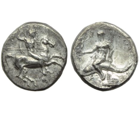 Apulia, Tarentum, Nomos, c. 280-272 BC; AR (g 6,37; mm 21; h 12); Horseman galloping r., holding shield and spears; on l., EY