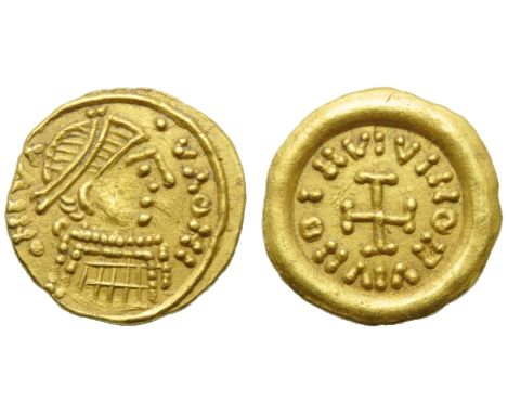 Lombards in Tuscany, Pseudo-Imperial Coinage, Tremissis, c. AD 620-700; AV (g 1,45; mm 12; h 7); ??V? - V?OHI, diademed, drap