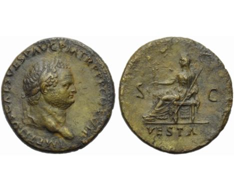 Titus (79-81), Sestertius, Rome, AD 79; AE (g 24,13; mm 35; h 7); IMP TITVS CAES VESP AVG P M TR P P P COS VII, laureate head