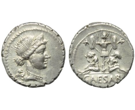 C. Julius Caesar, Denarius, Spain, 46-45 BC; AR (g 3,85; mm 19; h 2); Diademed head of Venus r.; behind, Cupid, Rv. Trophy wi