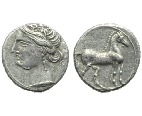 The Carthaginians in the Mediterranean, Carthage, 1/4 Shekel, c. 220-205 BC; AR (g 1,82; mm 14; h 12); Head of Tanit l., wear