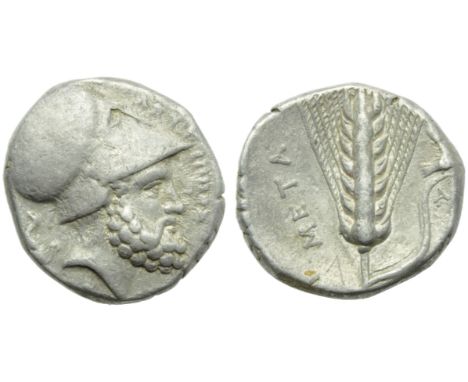 Lucania, Metapontion, Stater, c. 340-330 BC; AR (g 7,78; mm 20; h 11); ?EYKI????, head of Leucippus r., wearing Corinthian he
