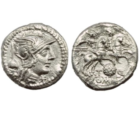 Ti. Quinctius Flamininus, Denarius, Rome, 126 BC; AR (g 3,43; mm19; h 8); Helmeted head of Rome r.; behind, apex;before, *, R