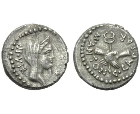 C. Caesar Octavianus and M. Antonius, Quinarius, Mint moving with Octavian, 39 BC; AR (g 1,76; mm 13; h 8); Diademed and veil