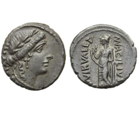 Mn. Acilius Glabrio, Denarius, Rome, 49 BC; AR (g 3,76; mm 18; h 9); Laureate head of Salus r.; behind, [SALVTIS], Rv. Valetu