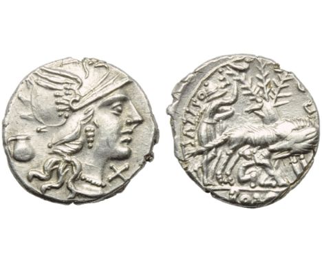 Sex. Pompeius Fostlus, Denarius, Rome, 137 BC; AR (g 4,00; mm 19; h 11); Helmeted head of Roma r.; behind, jug; before, X, Rv