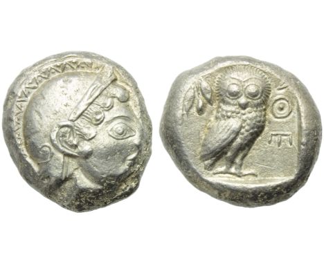 Attica, Athens, Tetradrachm, c. 566-490 BC.; AR (g 17,11; mm 22; h 9); Head of Athena r., wearing Attic crested helmet decora