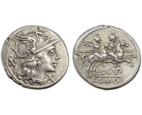 L. Cupiennius, Denarius, Rome, 147 BC; AR (g 3,85; mm 19; h 5); Helmeted head of Roma r.; behind, cornucopiae; before, X, Rv.