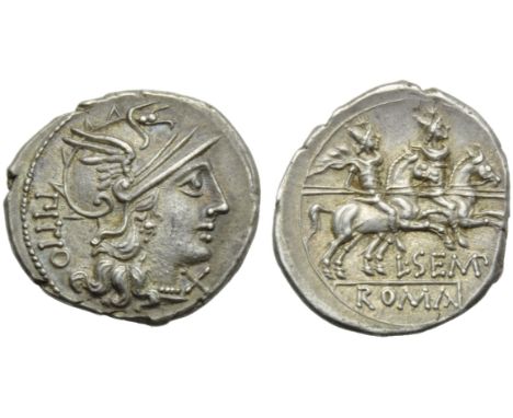 L. Sempronius Pitio, Denarius, Rome, 148 BC; AR (g 3,76; mm 20; h 2); Helmeted head of Roma r.; behind, PITIO; before, X, Rv.