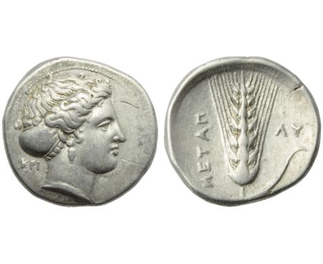 Lucania, Metapontion, Stater, c. 400-340 BC; AR (g 7,74; mm 23; h  ; Head of Demeter r., hair bound in sakkos, wearing earrin