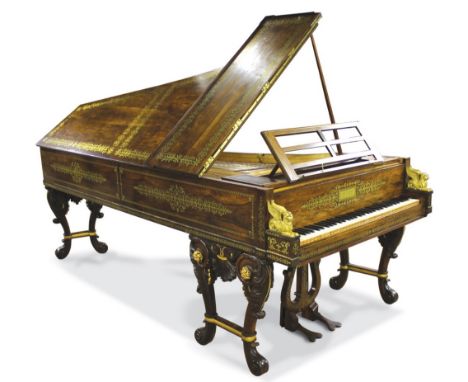 Thomas Tomkison London No 1329 c1821A grand piano the case veneered in rosewood inlaid with cut brass of a floral design rais