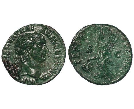 Trajan as, Rome Mint 100 A.D., reverse:- TR POT COS III P P S C, Victory alighting right, holding round shield inscribed S P 