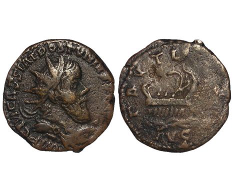 Postumus double-sestertius Cologne Mint 261 A.D., reverse reads:- LAETITIA AVG, partly barbarous, Galley with rowers travelli