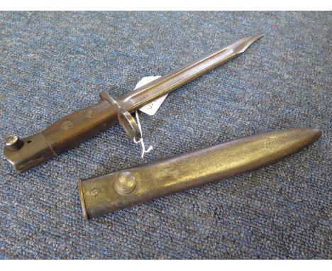 Bayonet - A British No.5 MK1 Bayonet for the Jungle Carbine. Bowie blade, large muzzle ring in its steel WD marked scabbard (