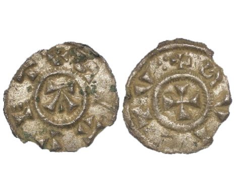 Viking East Anglia, silver St Edmund memorial penny of the small flan, crude lettering irons series, obverse:- +SC AVET, ['S'