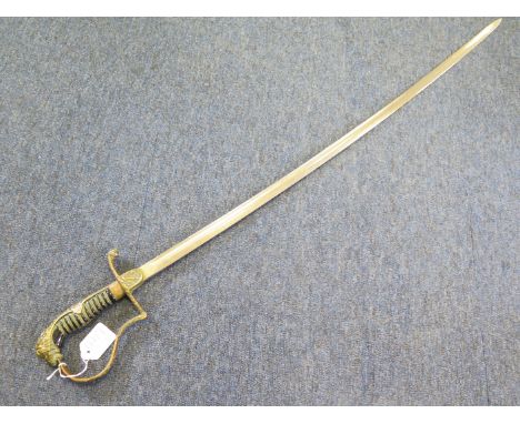 Imperial German Artillery Officers sword. Lion head pommel with 'jewelled' eyes. Lions head finial to quillon. Langet 33", si