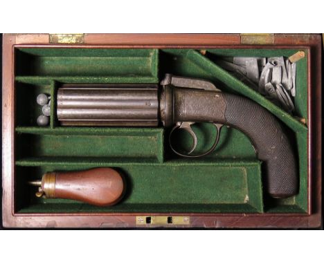 Revolver: A six shot, bar hammer, Pepperbox revolver. British proof marks to the 6. 3.5" barrels. Acanthus scrolling to the h
