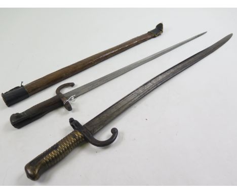 French bayonets: 1) Chasspot Model 1866 St Etienne 1870 No scabbard. 2) Gras Epee Model 1874 St Etienne 1877 in a home-made s
