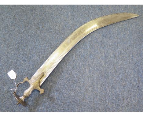 Indian Tulwar with unusual broad heavy blade 28" single edged with 3 fullers. Oval armourers mark to ricasso & Indian script 