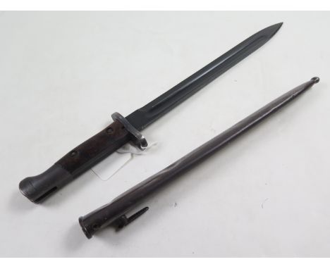 Bayonet: Portuguese Mauser Model 1904 bayonet for the Vergeusto Rifle in its steel scabbard (dented, throat screw absent) sou