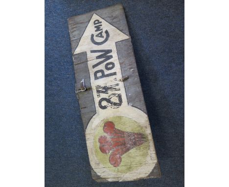 Great War (?) period original painted sign '24th POW Camp' on arrow with Prince of Wales Feathers emblem. Completely original