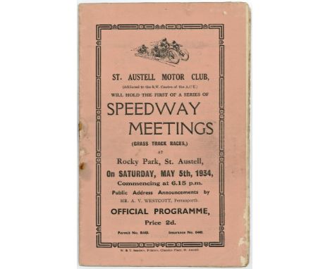 St Austell Speedway on Grass Track at Rocky Park which operated as a Speedway Venue from 1932-1935. This was for open meeting