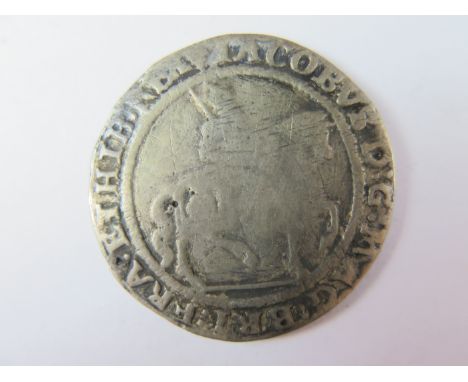 James I silver halfcrown, Third Coinage 1619-1625, with groundline, and reverse with plume over shield, Spink 2667, with old 