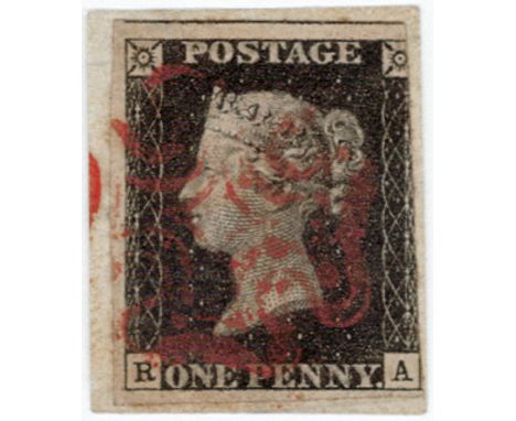 GB - Victorian Penny Black 1840 Plate 8 (R-A) three margins on small piece, Good used, cat £500