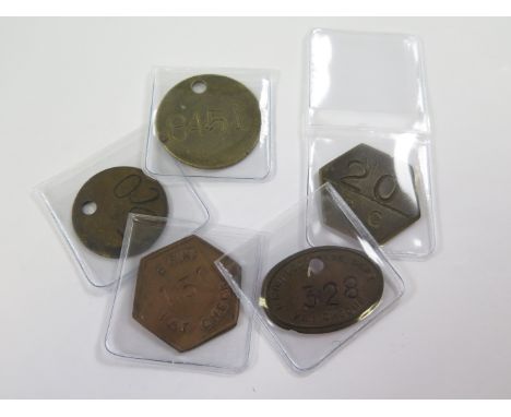 Steam Railway brass checks, round unface 'LOCO', round uniface '8451', oval, uniface 'B R [W] LOCO CARR. DEPT PAY CHEQUE 328'