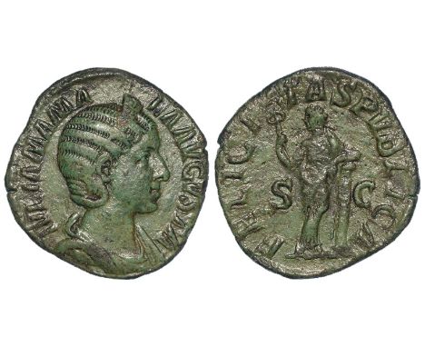 Julia Mamaea sestertius, Rome Mint 228 A.D., reverse:- Felicitas standing, resting on column, holding caduceus in right hand,