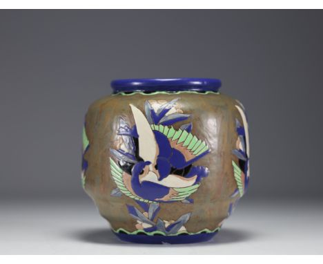 Charles CATTEAU (1880-1966) Keramis stoneware with swallows (D.1448) - Weight: 2.18 kg - Shipping available - Region: Belgiqu