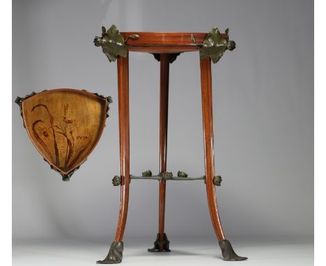 Louis MAJORELLE (1859-1926) Very fine mahogany pedestal table decorated with water lilies in green patinated bronze, top in f