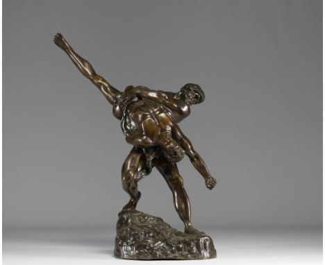 Jef LAMBEAU (1852-1908) "Les lutteurs" Bronze sculpture with a greenish brown patina, signed on the terrace and foundry mark 